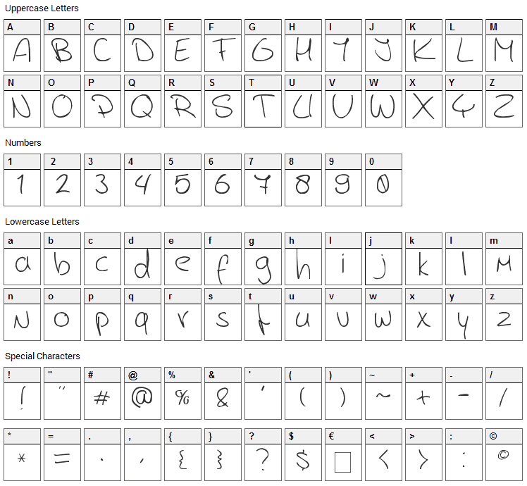 Jerrys handwriting Font Character Map