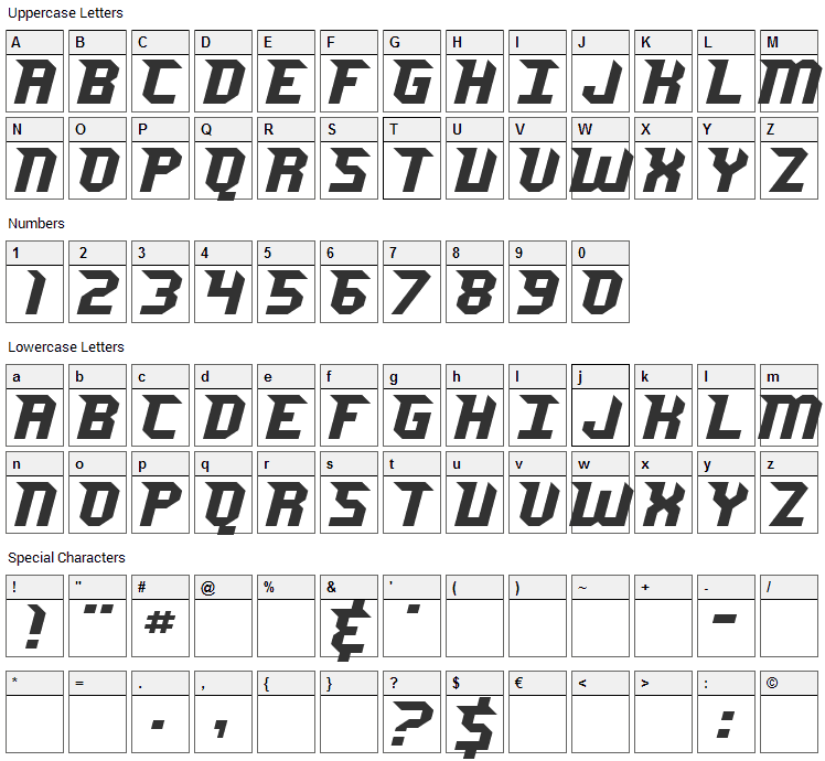 Jersey Sharp Font Character Map