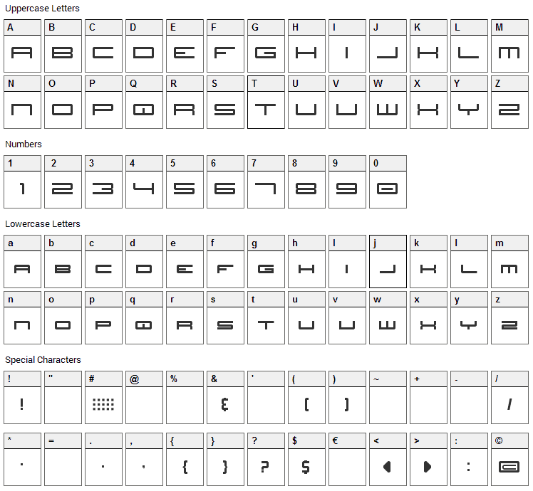 JH Titles Font Character Map