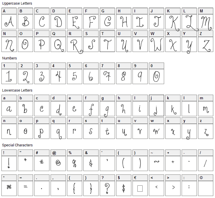 Jheri Curls Font Character Map