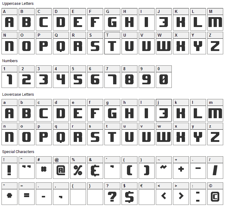 JHUF Font Character Map