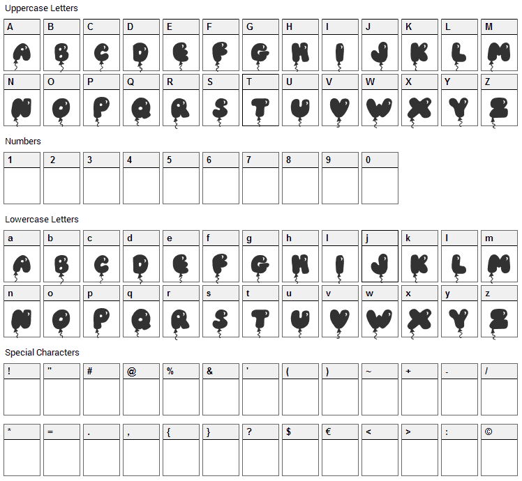 JI Balloon Caps Font Character Map