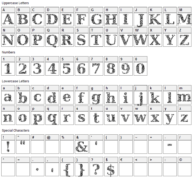 JI Hidden Vines Font Character Map