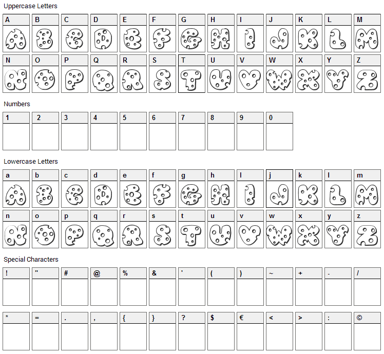 JI Swiss Cheese Font Character Map