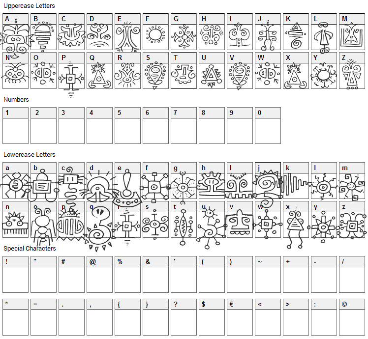 Jiggery Pokery Font Character Map