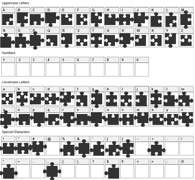 Jigsaw Pieces Font Character Map