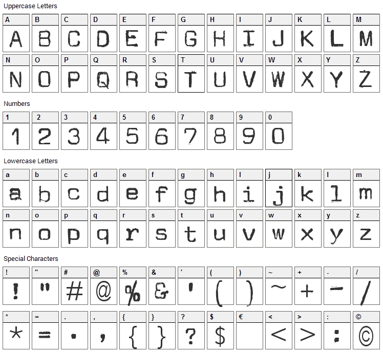 JM Letter Font Character Map