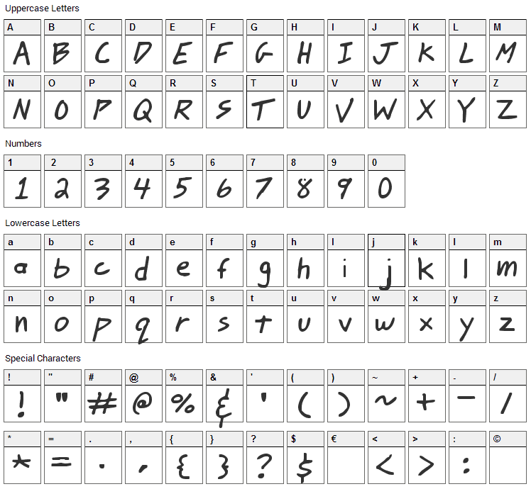 Johnny Mac Scrawl Font Character Map