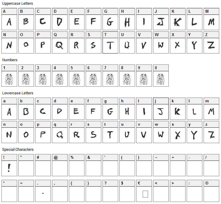 Johns 1000 Hurts Font Character Map