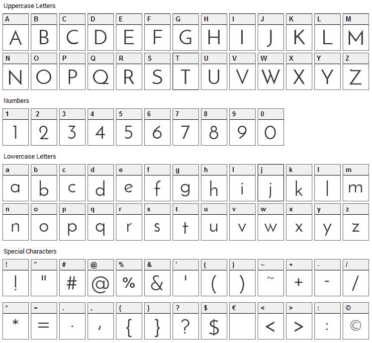 Josefin Sans Font Character Map