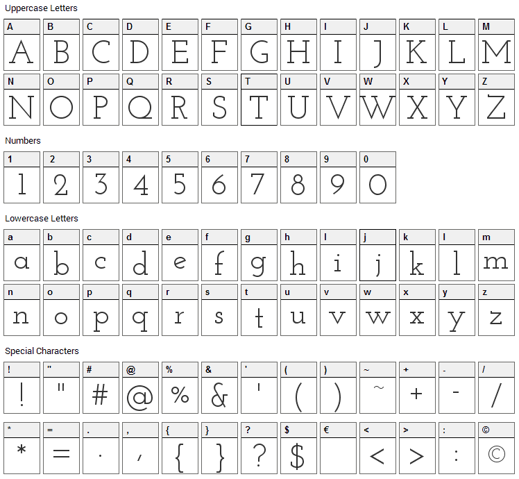 Josefin Slab Font Character Map