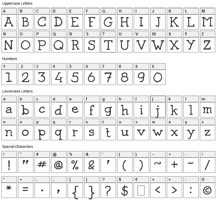 Josschrift Serif Font Character Map