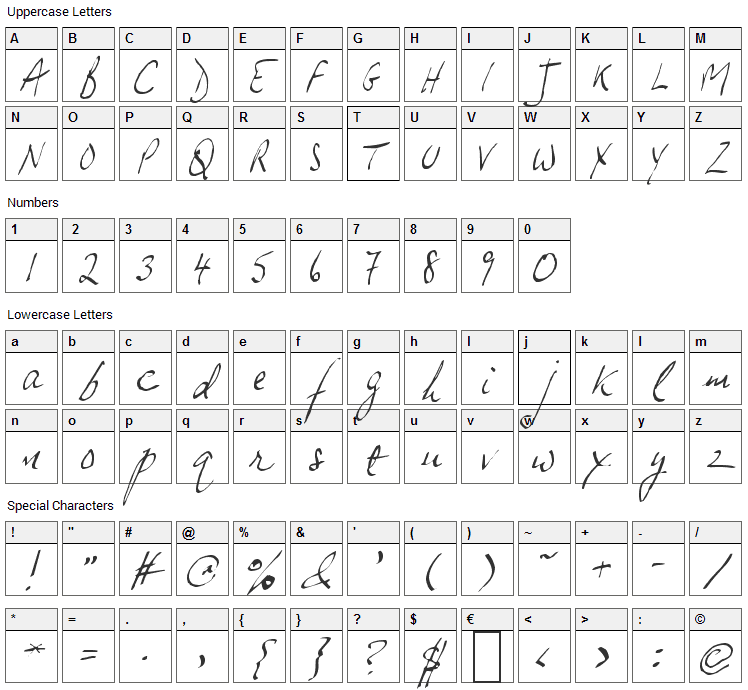 JP Hand Slanted Font Character Map