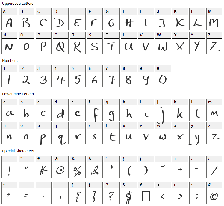 JP Hand Straight Font Character Map