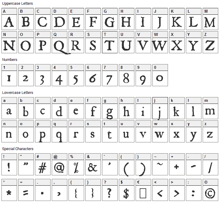 JSL Ancient Font Character Map