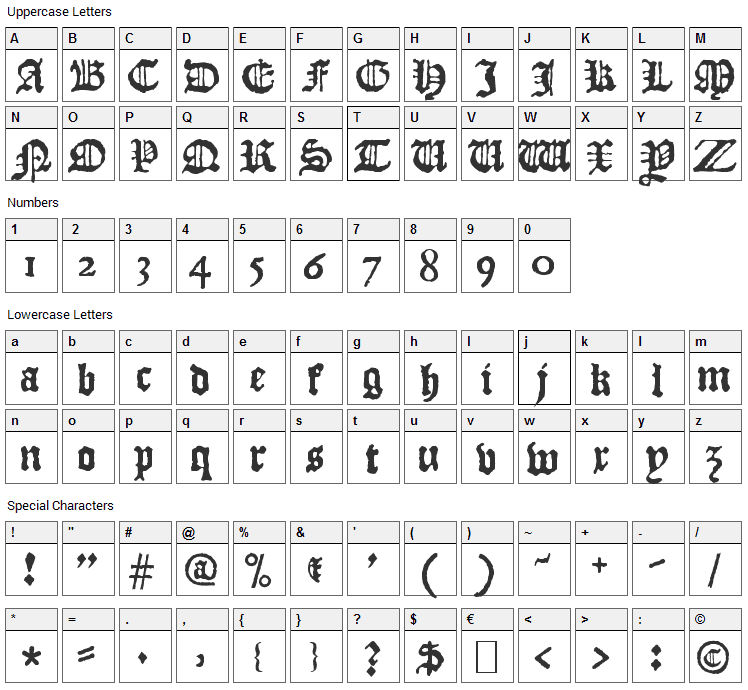 JSL Blackletter Font Character Map