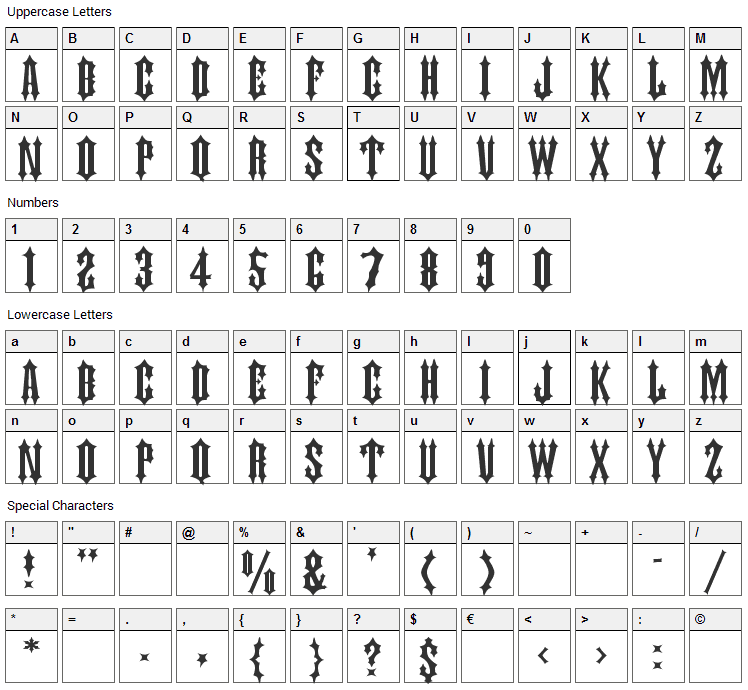 Judas Caps Font Character Map