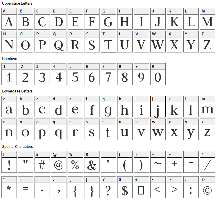 Judson Font Character Map
