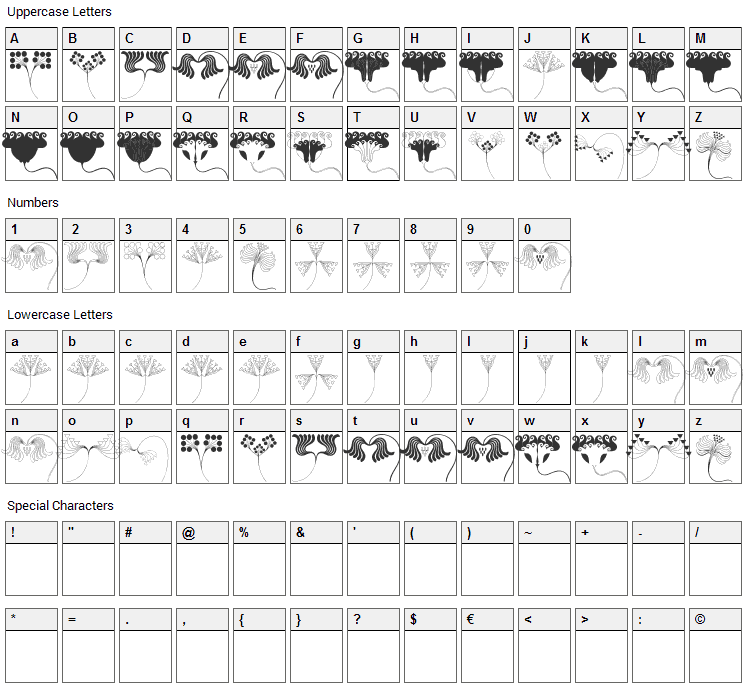 JugendStil Flowers Font Character Map