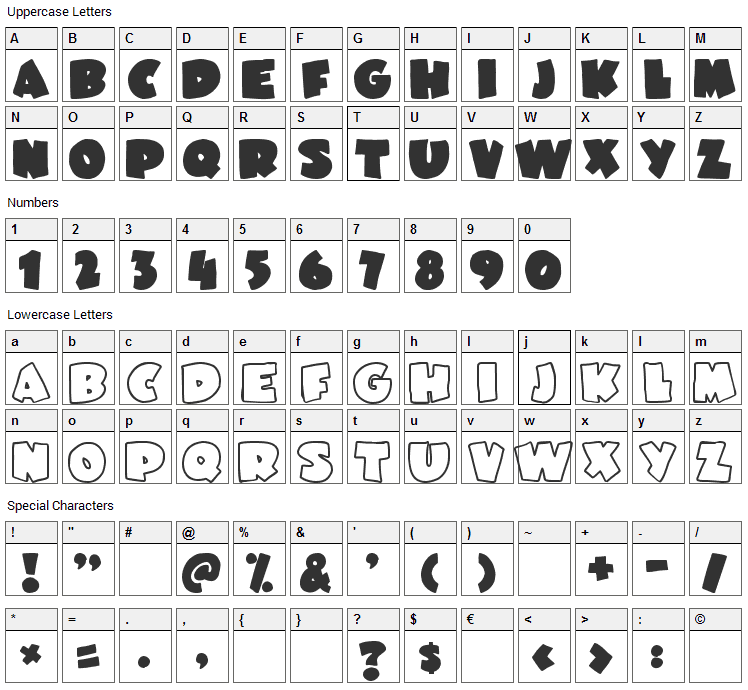 JuneBug Font Character Map