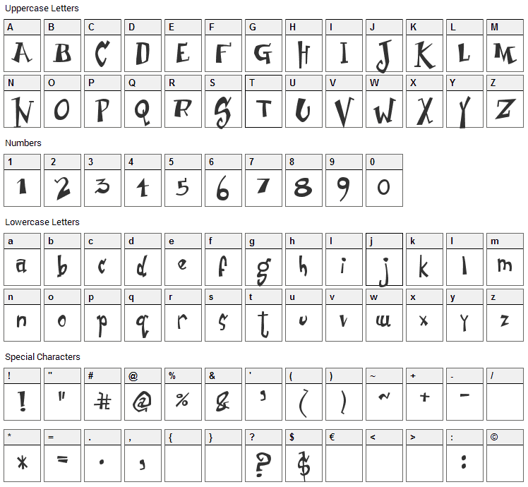 Junior & Stinky Font Character Map