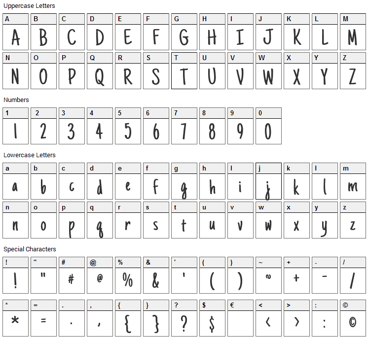 Just Another Hand Font Character Map