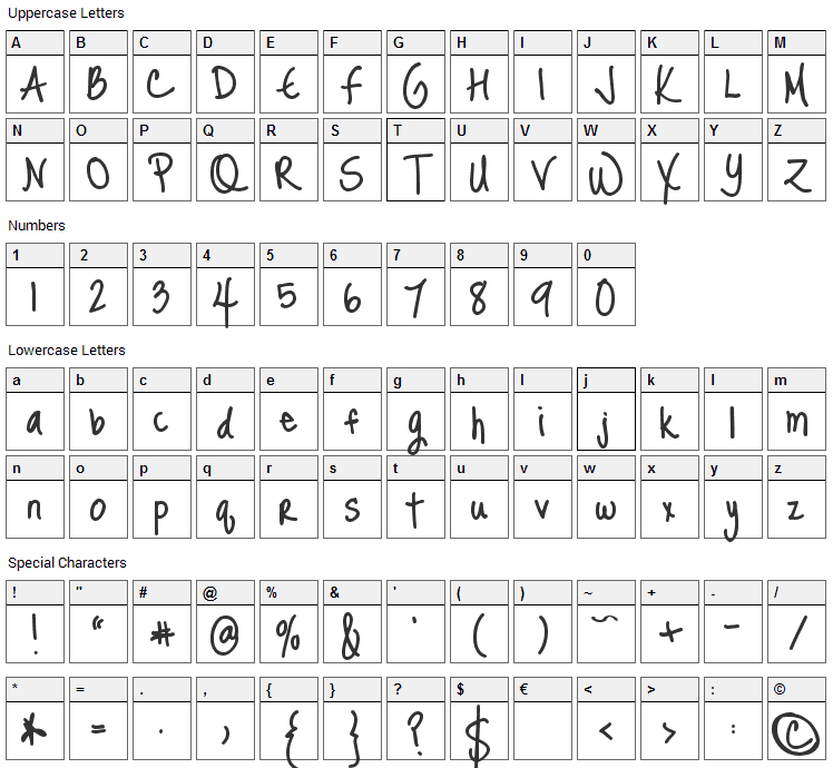 Just Me Again Down Here Font Character Map