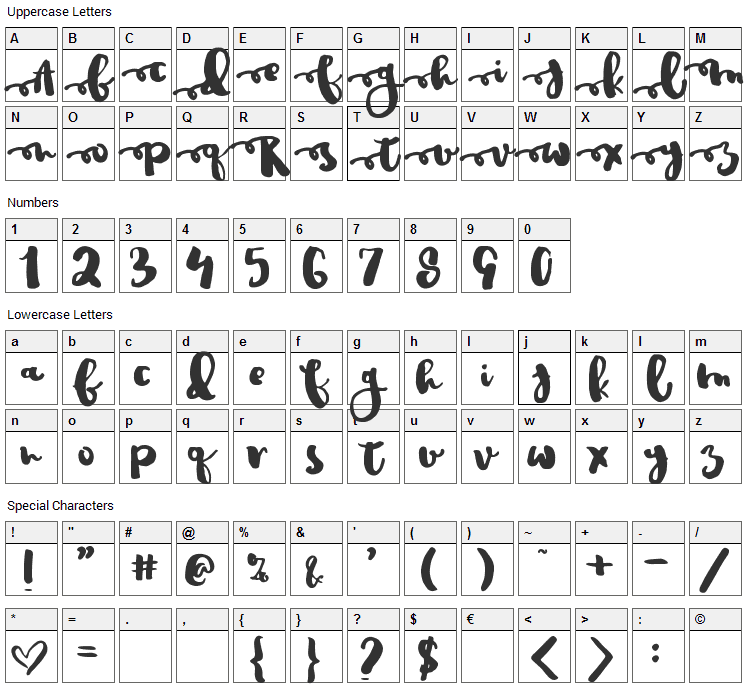 Justin Road Font Character Map