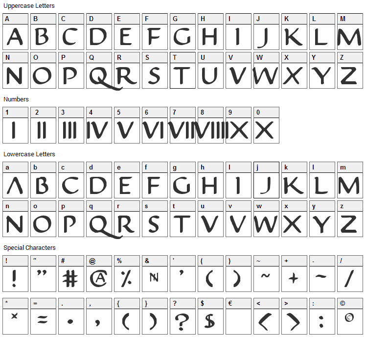 Justinian Font Character Map