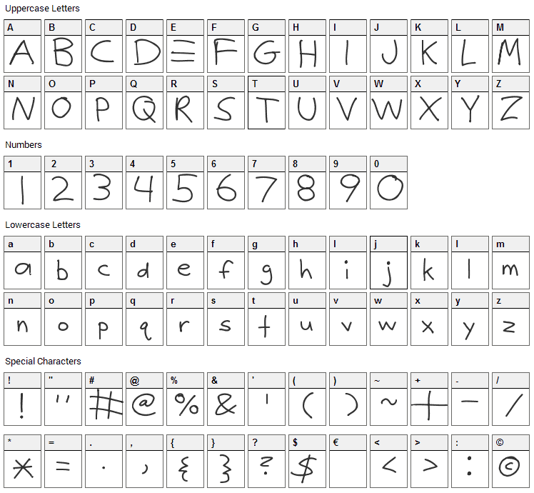 Justy1 Font Character Map