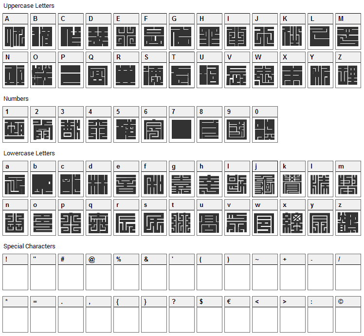 Kakuji 1 Font Character Map