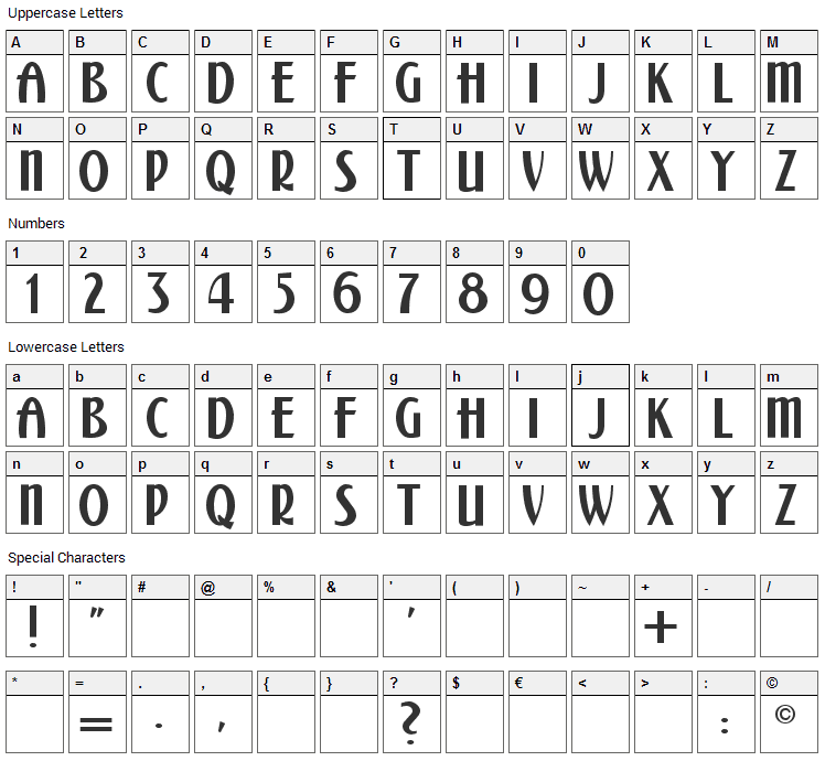 Kalenderblatt Grotesk Font Character Map