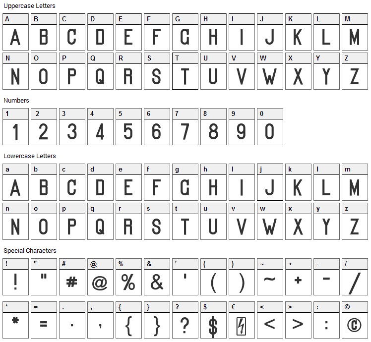 Kanalisirung Font Character Map