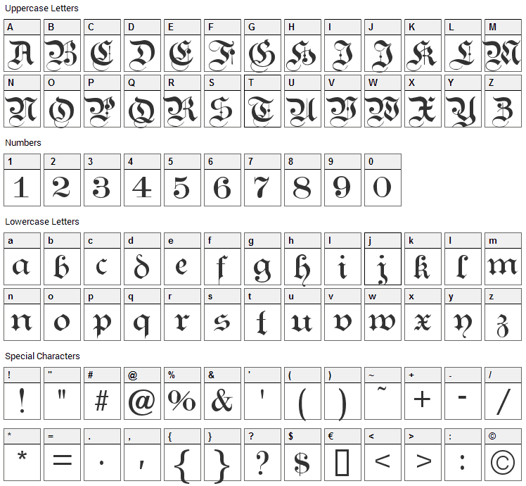 Kanzlei Font Character Map
