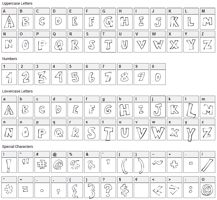 Kartoone Font Character Map