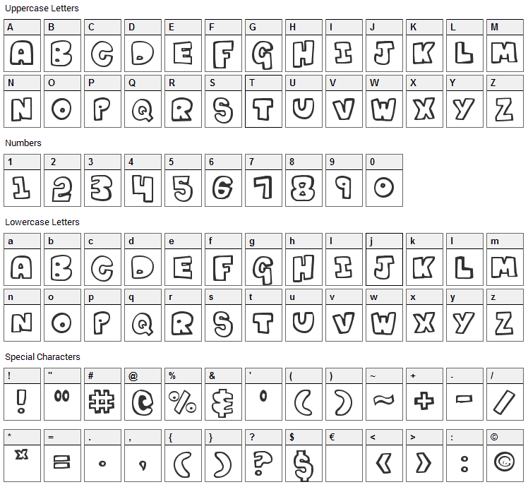 Kartoons Font Character Map