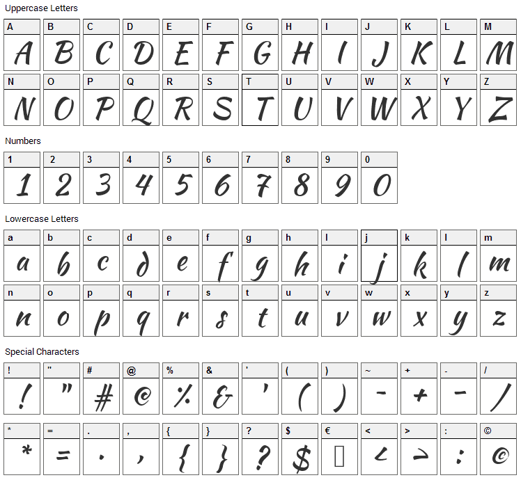 Kaushan Script Font Character Map