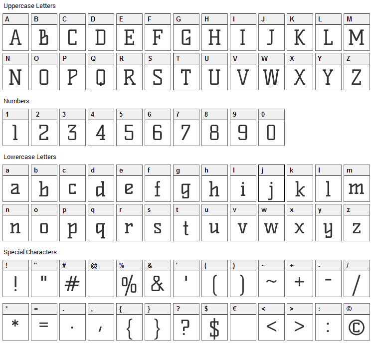 Kelly Slab Font Character Map