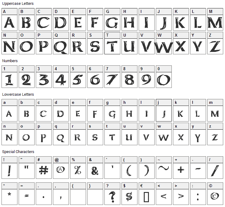 Kelt Caps Freehand Font Character Map