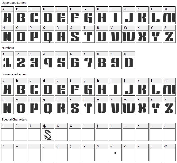 Kensuco Stencil Font Character Map