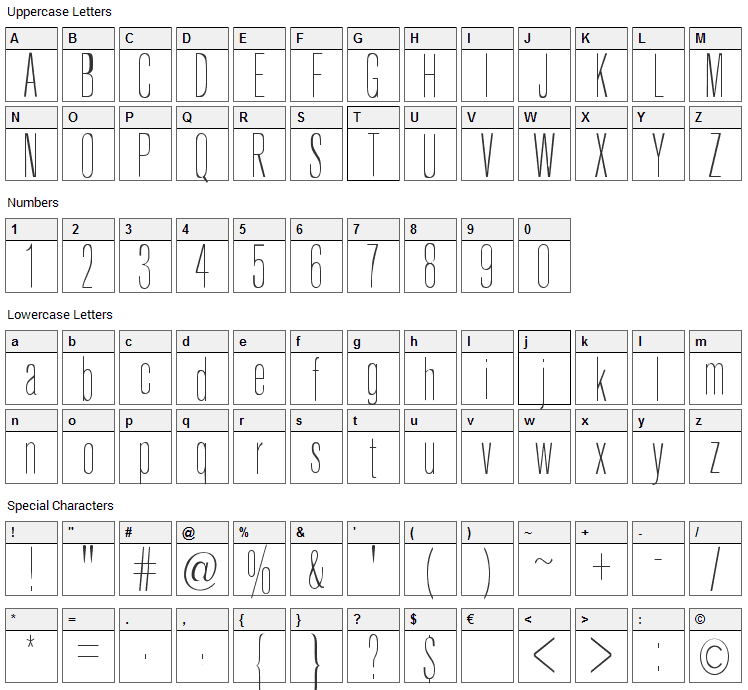 Keytin Light Font Character Map