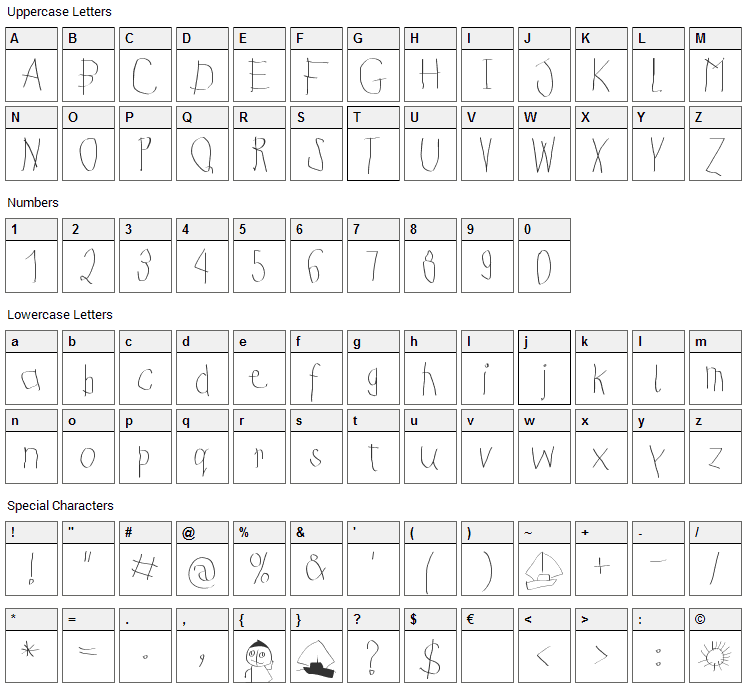 Kids First Print Font Character Map