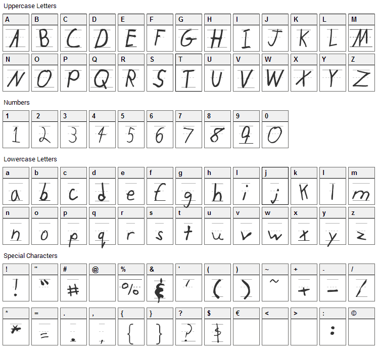 KidTYPERuled Font Character Map