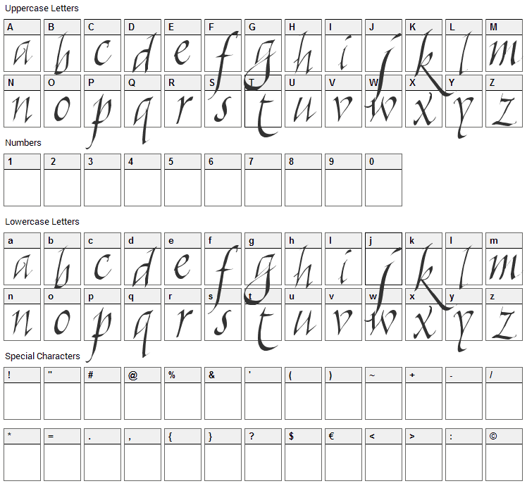 Killigraphy Font Character Map