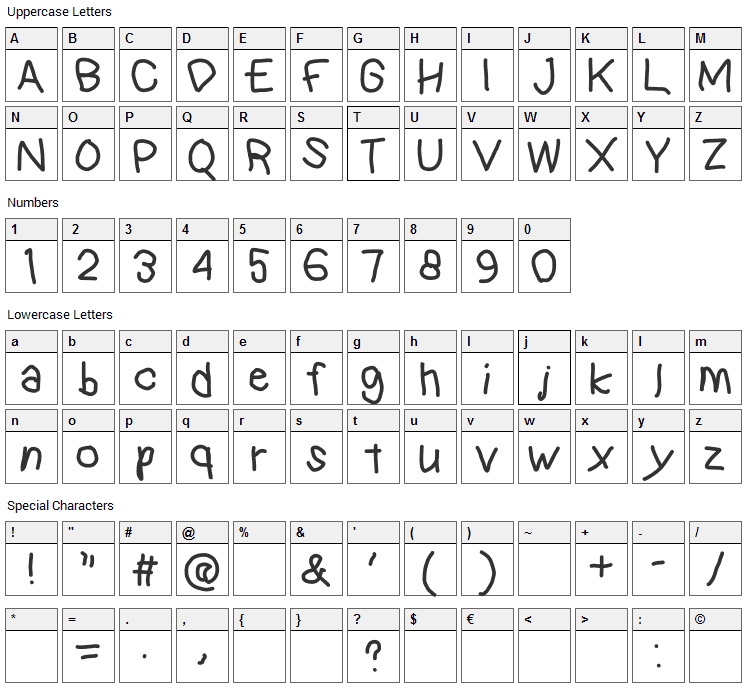 Kindergarten Font Character Map