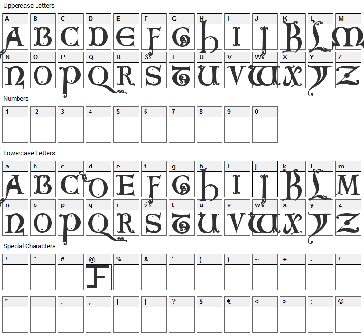 King Arthur Font Character Map