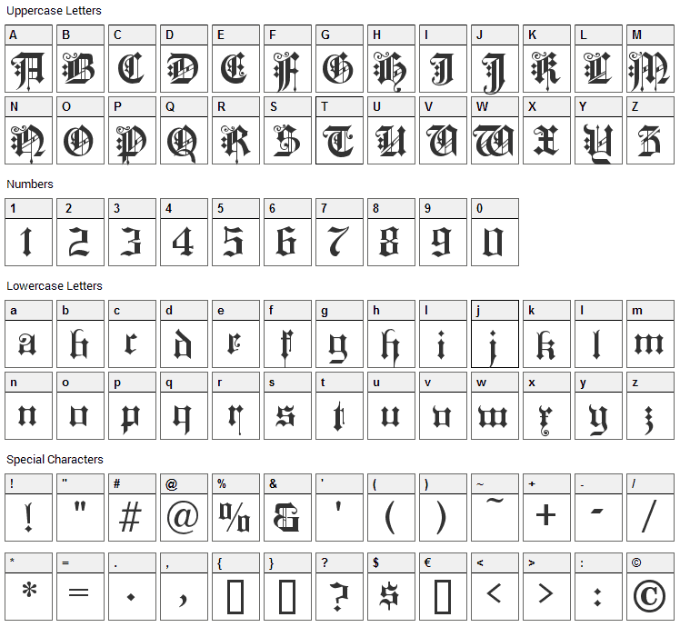 Kingdom Come Font Character Map
