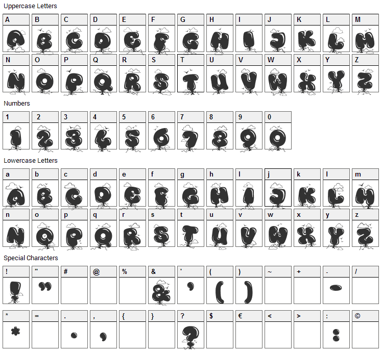 Kingthings Bloone! Font Character Map