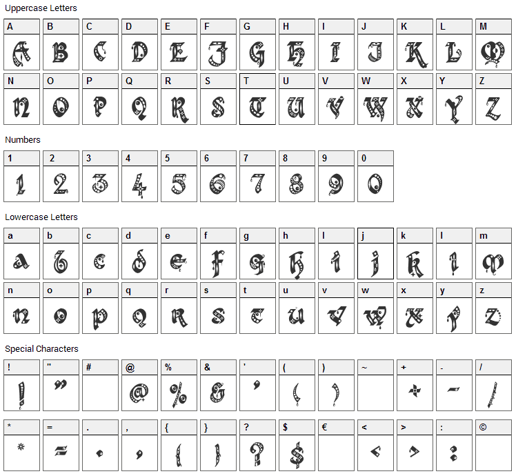 Kingthings Gothique Font Character Map