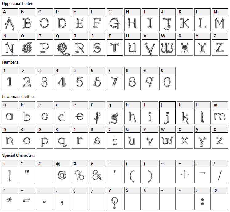 Kingthings Needles Font Character Map